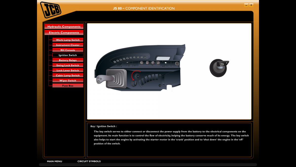 JCB Hydraulic Excavator JS 80/I40/200/210 Series Animation System For Electrical & Hydraulic Circuits & Components Detection