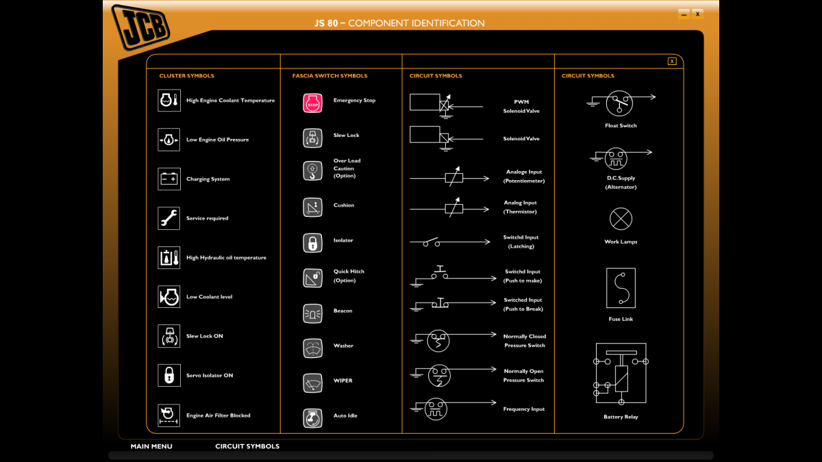 JCB Hydraulic Excavator JS 80/I40/200/210 Series Animation System For Electrical & Hydraulic Circuits & Components Detection