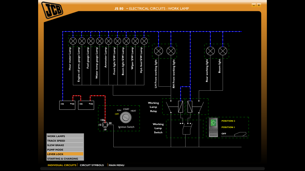 JCB Hydraulic Excavator JS 80/I40/200/210 Series Animation System For Electrical & Hydraulic Circuits & Components Detection