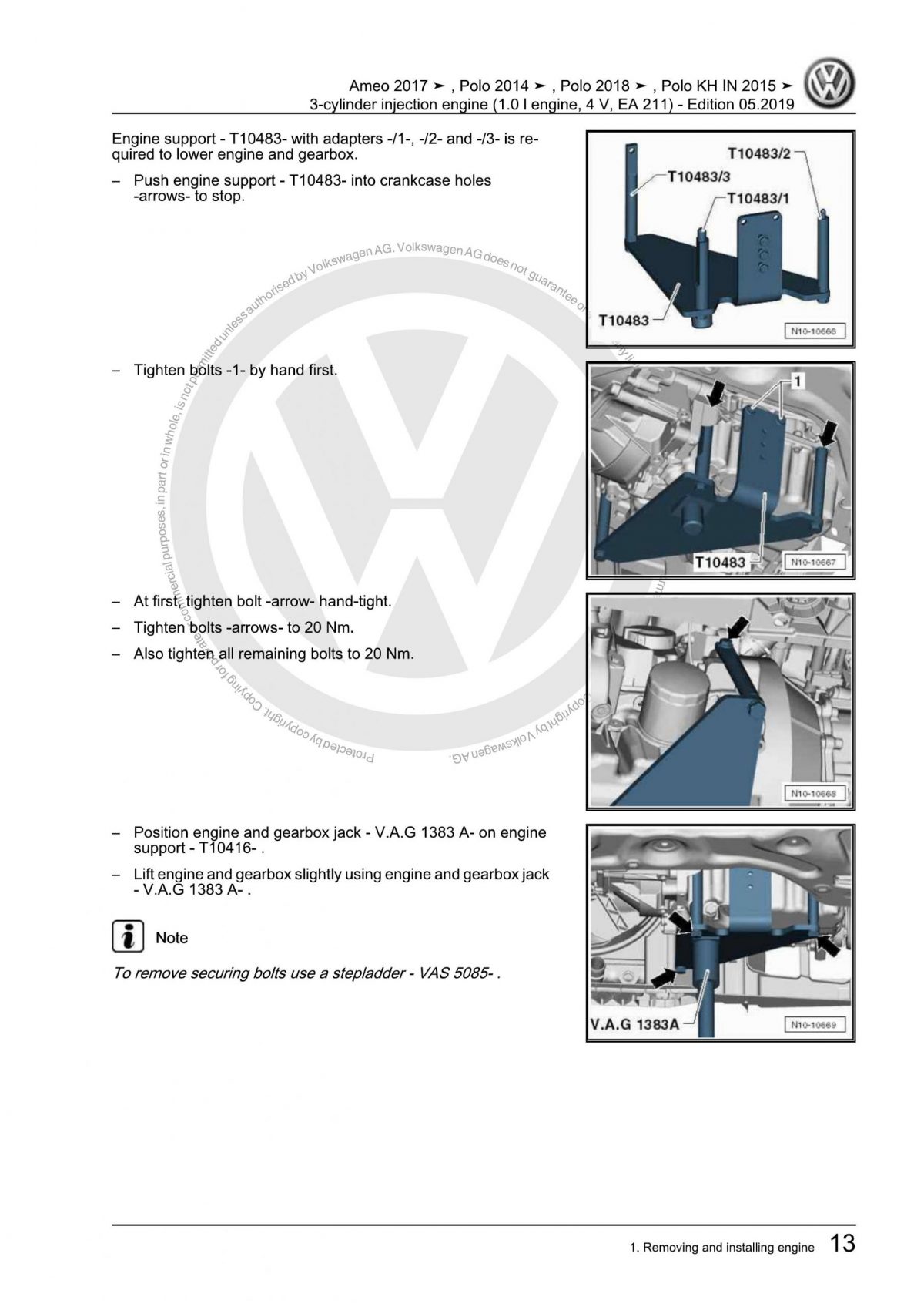 VW 3-cylinder injection engine (1.0 l engine, 4 V, EA 211) OEM Workshop Manual