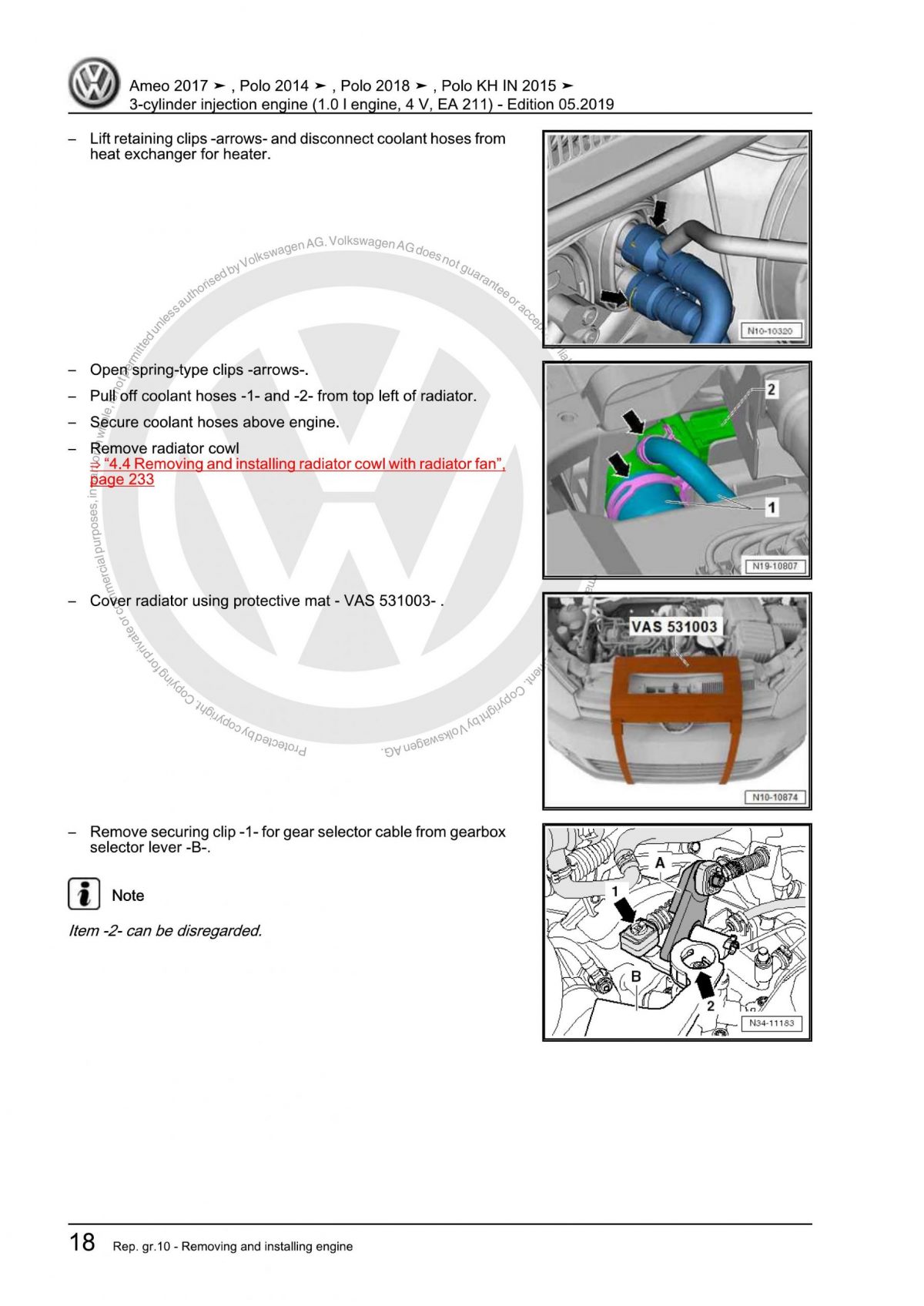 VW 3-cylinder injection engine (1.0 l engine, 4 V, EA 211) OEM Workshop Manual