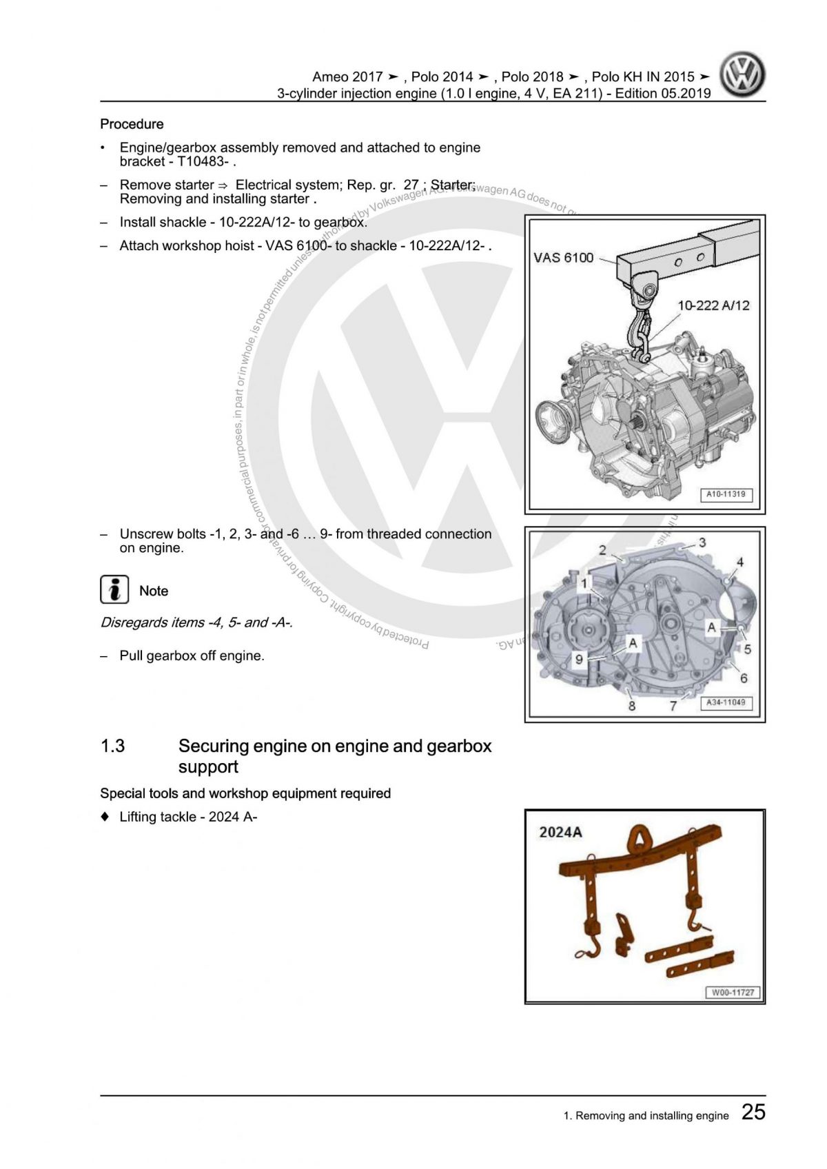 VW 3-cylinder injection engine (1.0 l engine, 4 V, EA 211) OEM Workshop Manual