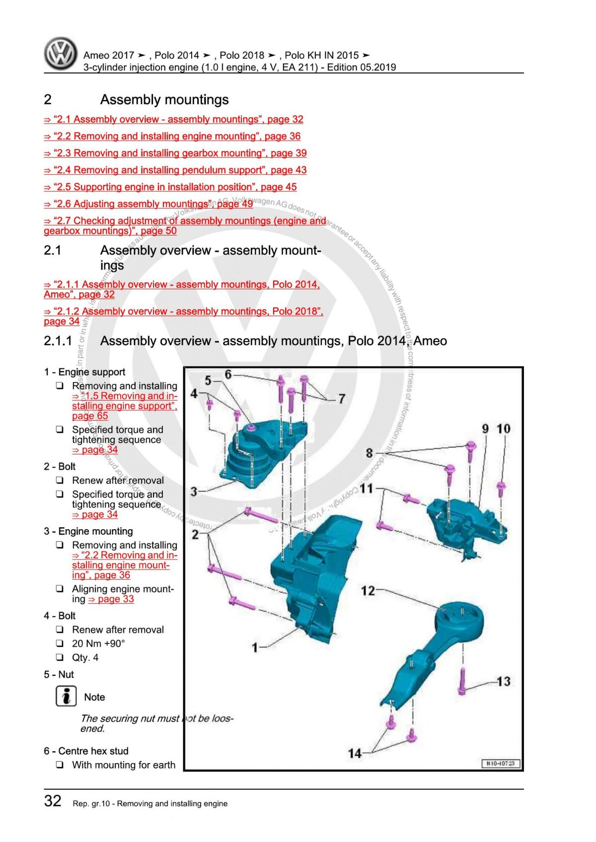 VW 3-cylinder injection engine (1.0 l engine, 4 V, EA 211) OEM Workshop Manual