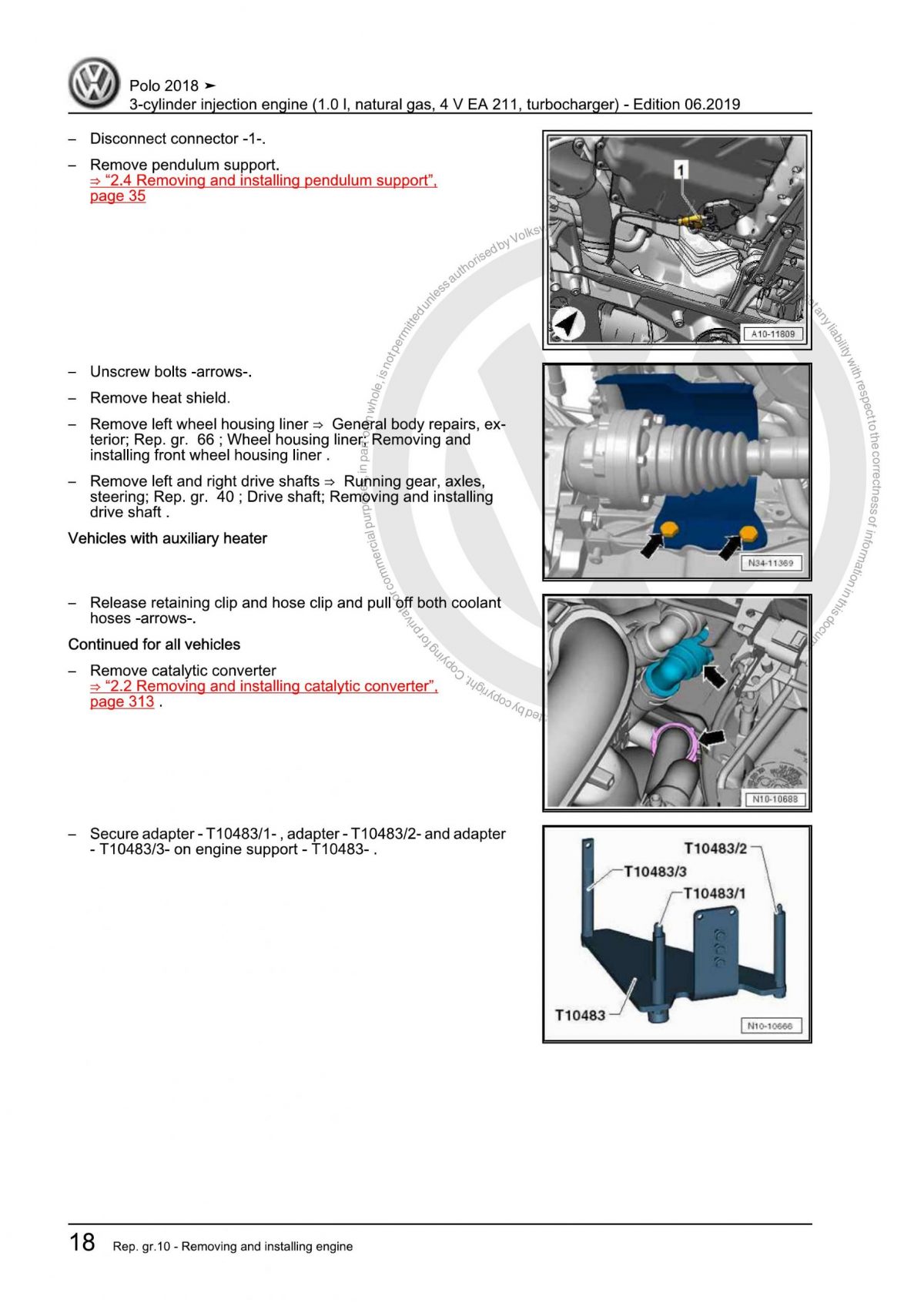 VW 3-cylinder injection engine (1.0 l, natural gas, 4 V EA 211, turbocharger) OEM Workshop Manual