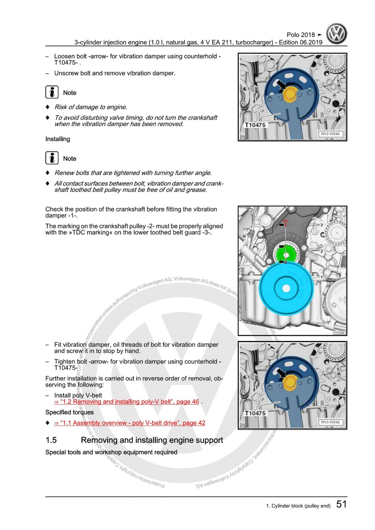 VW 3-cylinder injection engine (1.0 l, natural gas, 4 V EA 211, turbocharger) OEM Workshop Manual