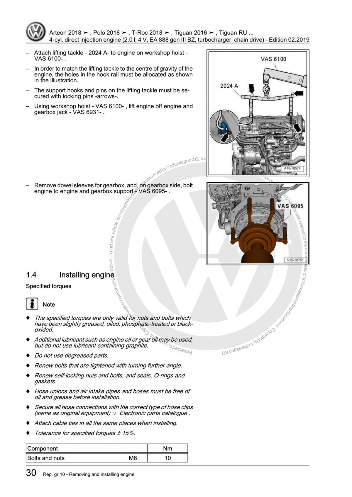 VW 4-Cylinder Direct Injection Engine (2.0 L, 4 V, EA 888 Gen III BZ, Turbocharger, Chain Drive) OEM Workshop Manual