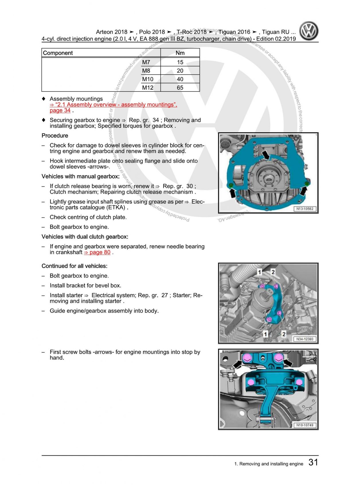 VW 4-Cylinder Direct Injection Engine (2.0 L, 4 V, EA 888 Gen III BZ, Turbocharger, Chain Drive) OEM Workshop Manual