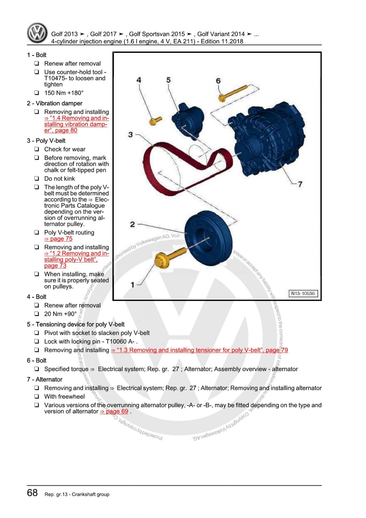 VW 4-Cylinder Injection Engine (1.6 l Engine, 4 V, EA 211) OEM Workshop Manual