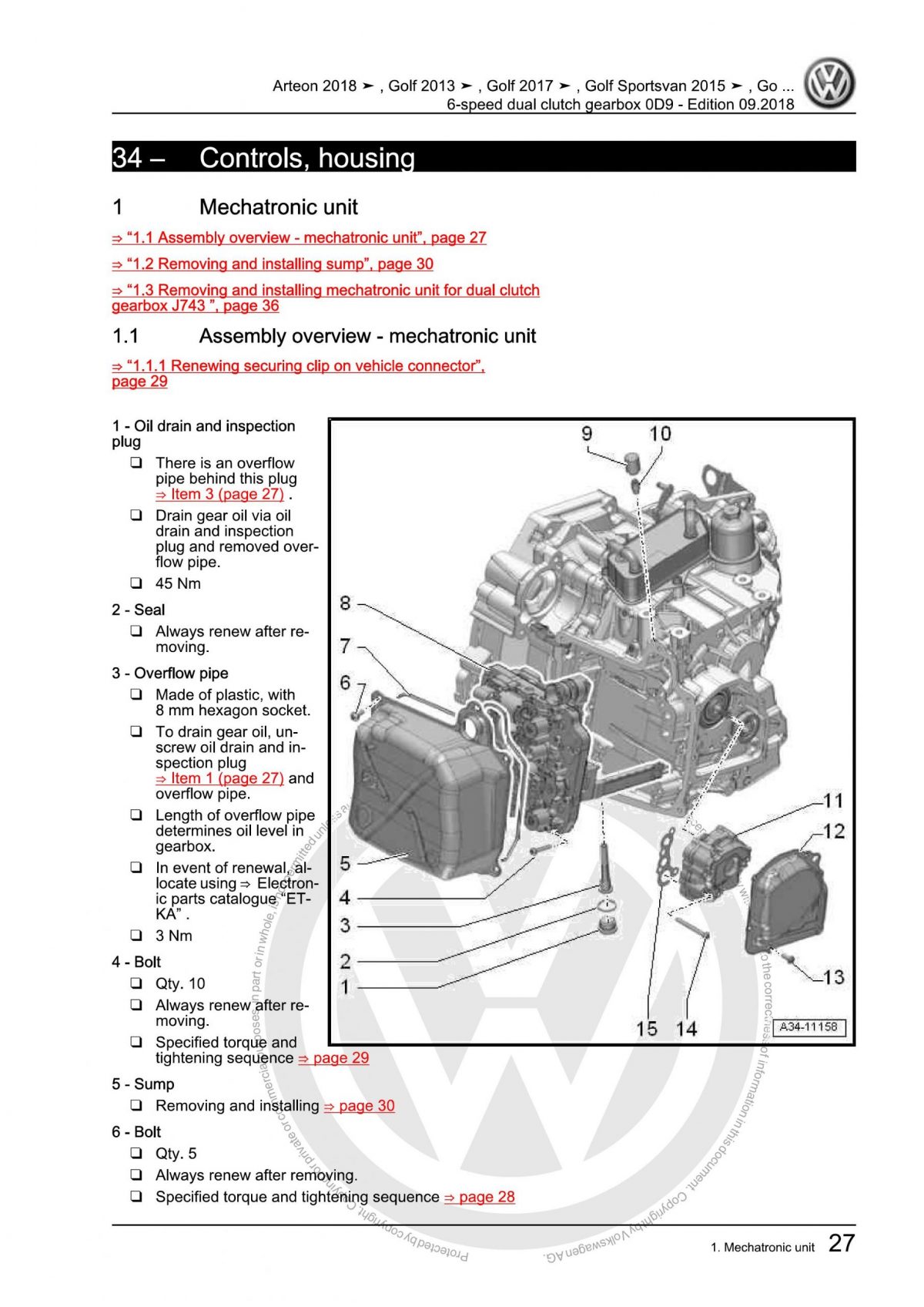 VW 6-Speed Dual Clutch Gearbox 0D9 OEM Workshop Manual