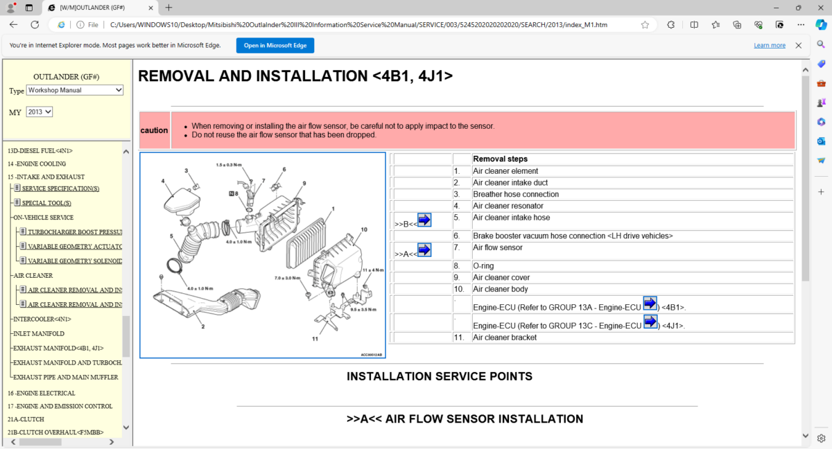 Mitsubishi Outlander 3 OEM Workshop, Technical Information & Body Repair Manuals (AIR CLEANER REMOVAL AND INSTALLATION)-3