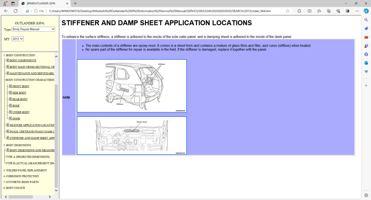 Mitsubishi Outlander 3 OEM Workshop, Technical Information & Body Repair Manuals (STIFFENER AND DAMP SHEET APPLICATION LOCATIONS)-9