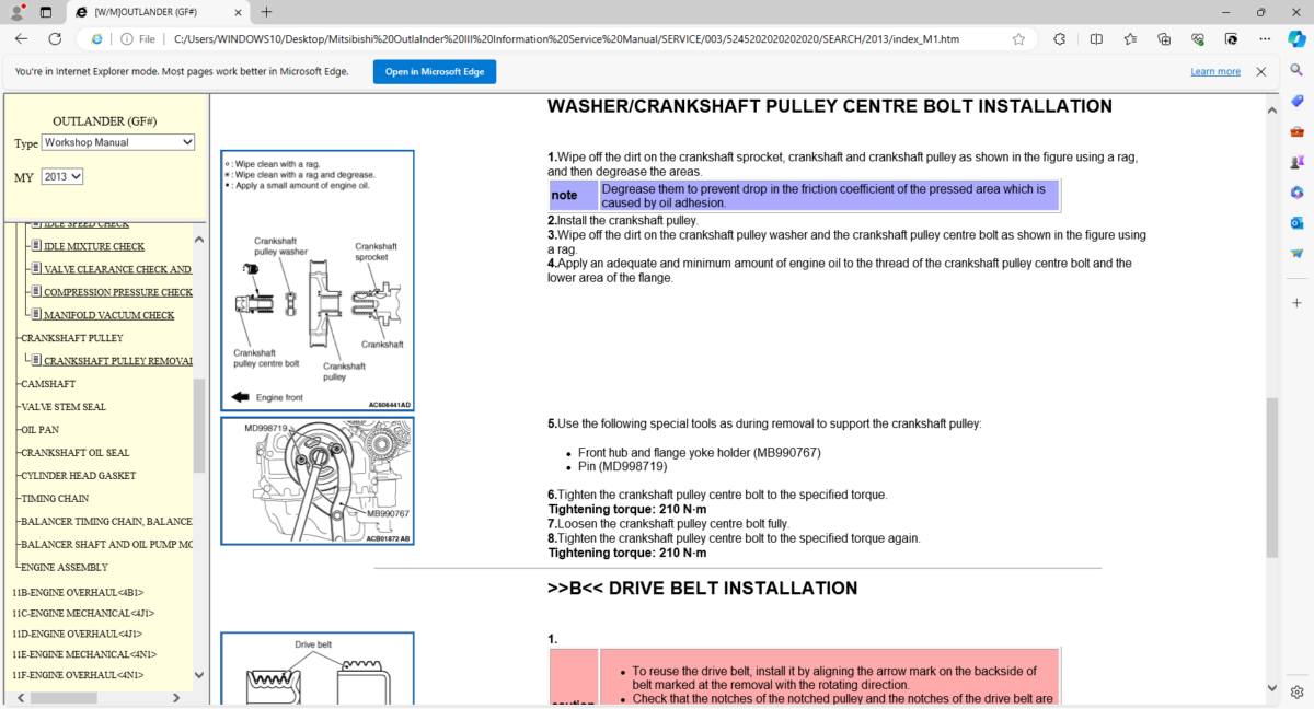 Mitsubishi Outlander 3 OEM Workshop, Technical Information & Body Repair Manuals (WASHER CRANKSHAFT PULLEY CENTRE BOLT INSTALLATION)-1