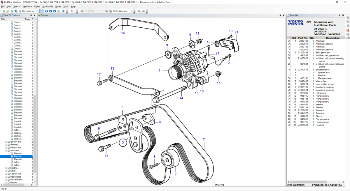 Volvo Penta Generators, Marine, and Industrial Engines OEM Electronic Parts Catalog (Alternator with Installation Parts)