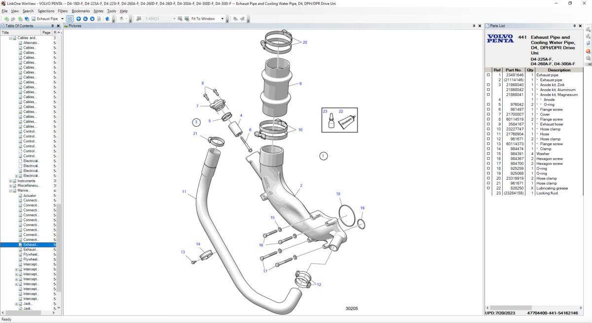 Volvo Penta Generators, Marine, and Industrial Engines OEM Electronic Parts Catalog (Exhaust Pipe and Cooling Water Pipe, D4, DPH-DPR Drive Uni)